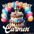 Hand-drawn happy birthday cake adorned with an arch of colorful balloons - name GIF for Carmen