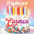 Personalized for Carmen elegant birthday cake adorned with rainbow sprinkles, colorful candles and glitter