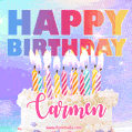 Animated Happy Birthday Cake with Name Carmen and Burning Candles