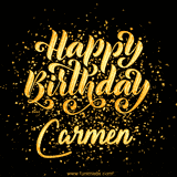 Animated GIF with colorful, festive 'Happy Birthday Carmen' text decorated with patterns, a party hat, and falling confetti. A vibrant and cheerful design for birthday celebrations.