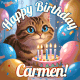 A playful tabby cat sits behind a colorful birthday cake surrounded by balloons and confetti, with 'Happy Birthday Carmen!' written above in festive letters.
