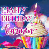A festive animated GIF featuring a colorful cupcake with a single lit candle, sprinkles, and 'Happy Birthday Carmen' text against a sparkling, celebratory background.