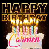 A vibrant animated GIF featuring a delicious birthday cake topped with glowing candles and the name 'Carmen' in elegant script, and the words 'Happy Birthday' on the black background.