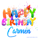 Animated GIF with colorful, festive 'Happy Birthday Carmen' text decorated with patterns, a party hat, and falling confetti. A vibrant and cheerful design for birthday celebrations.