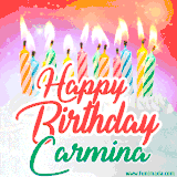 Bright birthday candles with rainbow flames on a cake, alongside the text 'Happy Birthday Carmina' in vibrant script in this celebratory animated GIF.