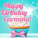 A festive cupcake with pink icing, a gingham bow, and a lit animated sparkler, paired with 'Happy Birthday Carmina!' in bright pink text.