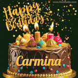 A delightful chocolate birthday cake with bright candles and 'Happy Birthday Carmina' written in gold amidst a shower of animated stars.