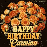 Animated bouquet of orange roses with moving butterfles and golden 'Happy Birthday Carmina' text, surrounded by sparkling accents and a dark backdrop for a luxurious feel.