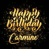 Animated GIF with colorful, festive 'Happy Birthday Carmine' text decorated with patterns, a party hat, and falling confetti. A vibrant and cheerful design for birthday celebrations.