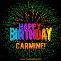 A colorful animated GIF featuring the text 'Happy Birthday Carmine!' in rainbow colors with a dynamic iridescent firework display in the background.