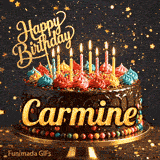 Shimmering animated card featuring a detailed chocolate cake and the name Carmine for his birthday celebration.