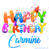 Animated GIF with colorful, festive 'Happy Birthday Carmine' text decorated with patterns, a party hat, and falling confetti. A vibrant and cheerful design for birthday celebrations.