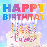 A vibrant animated name GIF with the words 'Happy Birthday Carmo' with colorful candles on a creamy cake. The background sparkles with pastel shades, adding a festive touch.
