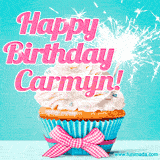 A festive cupcake with pink icing, a gingham bow, and a lit animated sparkler, paired with 'Happy Birthday Carmyn!' in bright pink text.