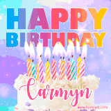 A vibrant animated name GIF with the words 'Happy Birthday Carmyn' with colorful candles on a creamy cake. The background sparkles with pastel shades, adding a festive touch.