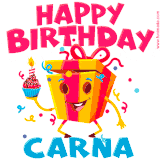 A vibrant and funny gift box character with a happy face dancing with a cupcake and the text 'Happy Birthday Carna,' surrounded by animated confetti and party vibes.
