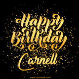 Animated GIF with colorful, festive 'Happy Birthday Carnell' text decorated with patterns, a party hat, and falling confetti. A vibrant and cheerful design for birthday celebrations.