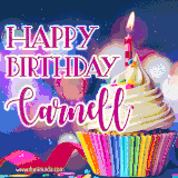 A festive animated GIF featuring a colorful cupcake with a single lit candle, sprinkles, and 'Happy Birthday Carnell' text against a sparkling, celebratory background.