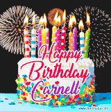 A lively happy birthday animated GIF showcasing a colorful birthday cake covered in sprinkles, topped with glowing candles, and surrounded by vibrant fireworks. The name 'Carnell' is featured in elegant script.