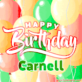 Animated GIF featuring colorful balloons in the background with the cheerful text 'Happy Birthday Carnell'.