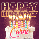 A colorful birthday cake topped with lit candles, with the words 'Happy Birthday Carni' in bold glowing letters on a burgundy background. Animated flames add a festive touch.
