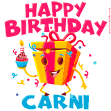 A vibrant and funny gift box character with a happy face dancing with a cupcake and the text 'Happy Birthday Carni,' surrounded by animated confetti and party vibes.