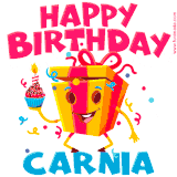 A vibrant and funny gift box character with a happy face dancing with a cupcake and the text 'Happy Birthday Carnia,' surrounded by animated confetti and party vibes.