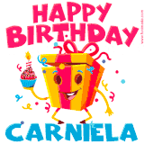 A vibrant and funny gift box character with a happy face dancing with a cupcake and the text 'Happy Birthday Carniela,' surrounded by animated confetti and party vibes.