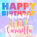 A vibrant animated name GIF with the words 'Happy Birthday Carniella' with colorful candles on a creamy cake. The background sparkles with pastel shades, adding a festive touch.