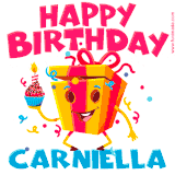 A vibrant and funny gift box character with a happy face dancing with a cupcake and the text 'Happy Birthday Carniella,' surrounded by animated confetti and party vibes.