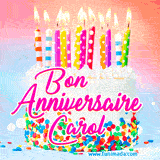 A white birthday cake covered in colorful sprinkles, topped with bright candles, and French text 'Bon Anniversaire Carol' on a pastel gradient background in an animated GIF.