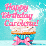 A festive cupcake with pink icing, a gingham bow, and a lit animated sparkler, paired with 'Happy Birthday Carolena!' in bright pink text.