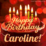 Beautifully decorated red velvet berry birthday cake with vibrant fruits and a glowing 'Caroline' name, adding a touch of sweetness and sparkle.