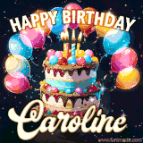 Bright birthday animation for Caroline with a chocolate cake, candles, balloons, and glowing celebratory lights.