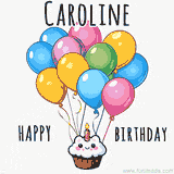 An adorable and cute cupcake with a smiley face and moving colorful balloons create a joyful birthday greeting for Caroline in this cheerful animated greeting E-card.