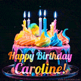 A mesmerizing animated cake with multicolor frosting and candles, and the words 'Happy Birthday Caroline' on the black background.