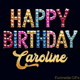 Vibrant luxury birthday greeting card for Caroline, showing glittering gemstone letters and golden calligraphy on a dark background with twinkling shine effects.