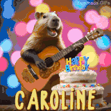 Animated birthday GIF showing a capybara playing guitar and singing beside a birthday cake with the name Caroline in large letters and colorful bokeh lights in the background.