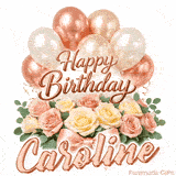 Classy Happy Birthday Caroline looping GIF with pastel balloons and greenery