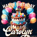 Hand-drawn happy birthday cake adorned with an arch of colorful balloons - name GIF for Carolyn