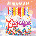 Personalized for Carolyn elegant birthday cake adorned with rainbow sprinkles, colorful candles and glitter