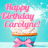 A festive cupcake with pink icing, a gingham bow, and a lit animated sparkler, paired with 'Happy Birthday Carolyne!' in bright pink text.