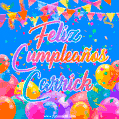 A vibrant animated GIF with 'Feliz Cumpleaños Carrick' written in colorful script, surrounded by balloons, confetti, and bunting on a bright blue background.
