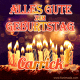 An animated GIF featuring 'Alles Gute Zum Geburtstag Carrick' in glowing red and gold letters above a cake with colorful lit candles, set against a festive sparkling background.