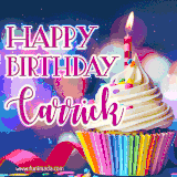 A festive animated GIF featuring a colorful cupcake with a single lit candle, sprinkles, and 'Happy Birthday Carrick' text against a sparkling, celebratory background.