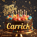 Glittery dark background with golden stars behind a chocolate birthday cake with the name Carrick written on the front.