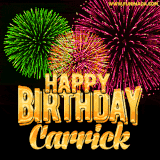A captivating GIF with bursts of green, pink, and orange fireworks lighting up the night sky, accompanied by 'Happy Birthday Carrick' in glowing golden text.
