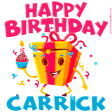 A funny animated birthday GIF with the words 'Happy Birthday Carricka', colorful gift box with arms and legs, holding a cupcake with a lit candle  with confetti everywhere.