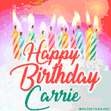 Bright birthday candles with rainbow flames on a cake, alongside the text 'Happy Birthday Carrie' in vibrant script in this celebratory animated GIF.