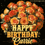 Animated bouquet of orange roses with moving butterfles and golden 'Happy Birthday Carrie' text, surrounded by sparkling accents and a dark backdrop for a luxurious feel.
